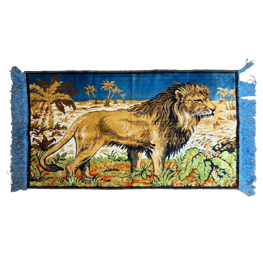 Lion Tapestry with Royal Blue Fringe King of the Jungle Wall Hanging Vintage 60s